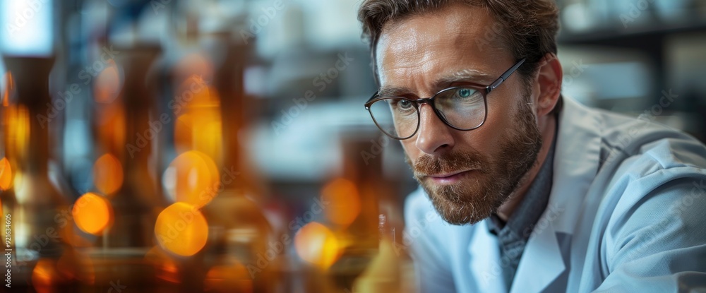 Obraz premium Scientist in a lab coat working, white background, natural lighting, copy space