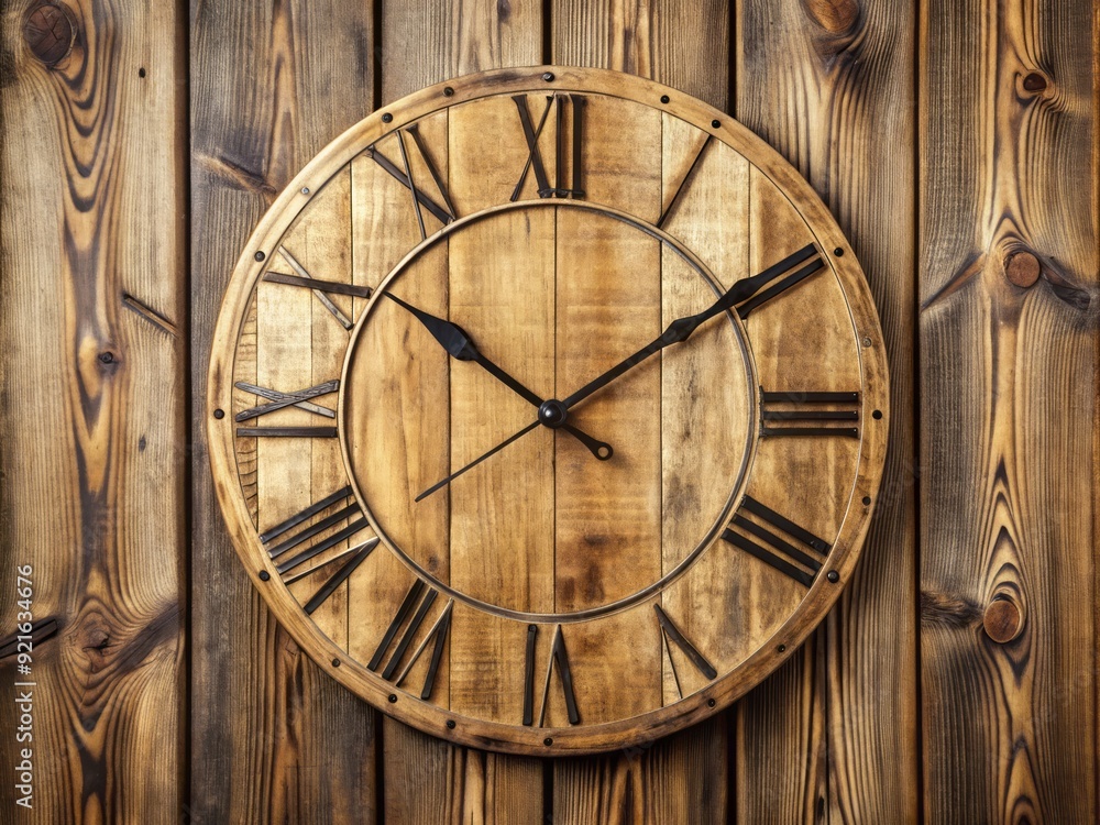 custom made wallpaper toronto digitalRustic wooden wall clock with large roman numerals and simple hands against a distressed wood grain background, evoking a sense of vintage charm and nostalgia.