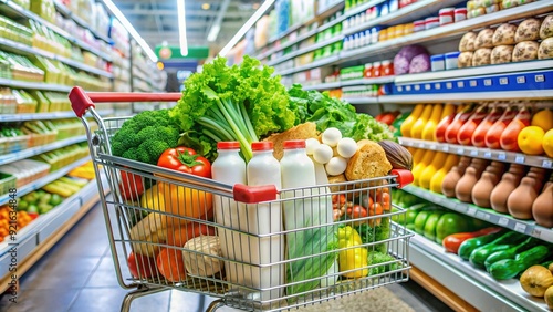 A overflowing shopping cart filled with fresh produce, dairy products, and household essentials sits in a vibrant grocery store aisle, awaiting a family's return. photo