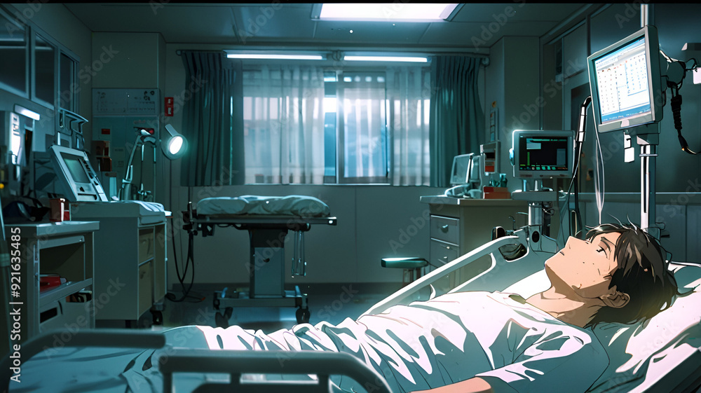 Fototapeta premium anime sick at the hospital illustration