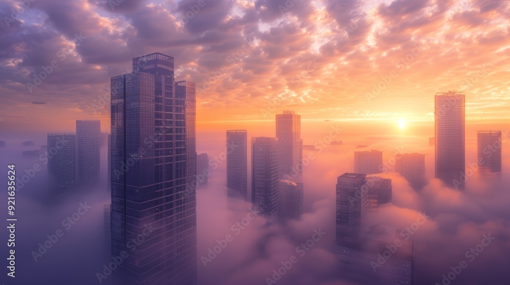 Fototapeta premium Cityscape Emerging from the Clouds at Sunset