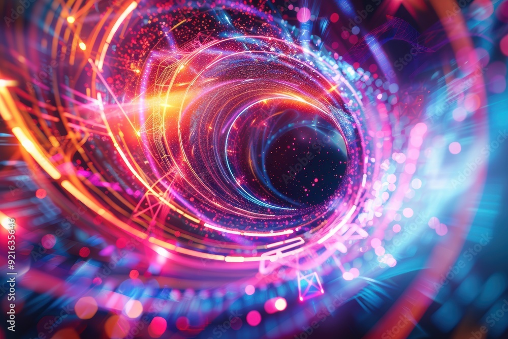 A mesmerizing tunnel of vibrant lights and digital patterns, highlighting the beauty of futuristic technology and abstract design. A mesmerizing tunnel of vibrant lights and digital patterns, highlighting the beauty of futuristic technology and abstract design.