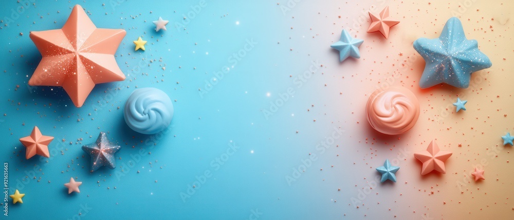 Colorful Pastel Stars and Sweets on Gradient Background with Glitter for Festive and Creative Designs Colorful Pastel Stars and Sweets on Gradient Background with Glitter for Festive and Creative Designs