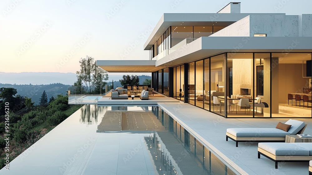 Fototapeta premium Modern luxury villa with infinity pool overlooking hills at sunset