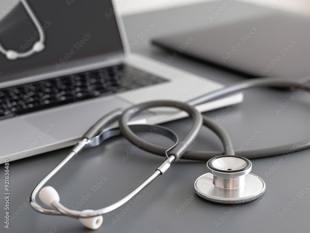 Close-up of a stethoscope on a desk with a laptop, symbolizing modern healthcare and technology in medical practice. Close-up of a stethoscope on a desk with a laptop, symbolizing modern healthcare and technology in medical practice.