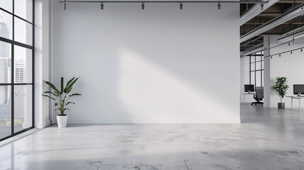 White open space office blank wall, A room with a white wall that has a plant on it