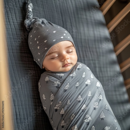 Peacefully sleeping baby swaddled in a cozy blanket with matching cap, resting in a crib, embracing warmth and comfort. photo