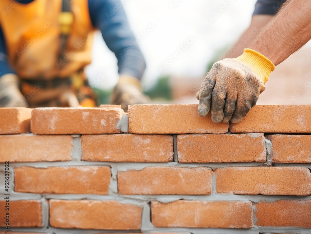 Close-up of skilled workers laying bricks with mortar, demonstrating construction techniques and teamwork in a building project. Close-up of skilled workers laying bricks with mortar, demonstrating construction techniques and teamwork in a building project.