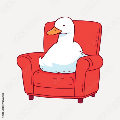 Duck relaxing on red armchair