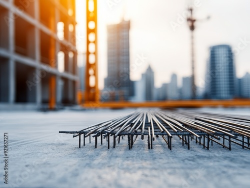 Close-up view of metal rebar on a construction site, with a city skyline in the background under early morning sunlight.