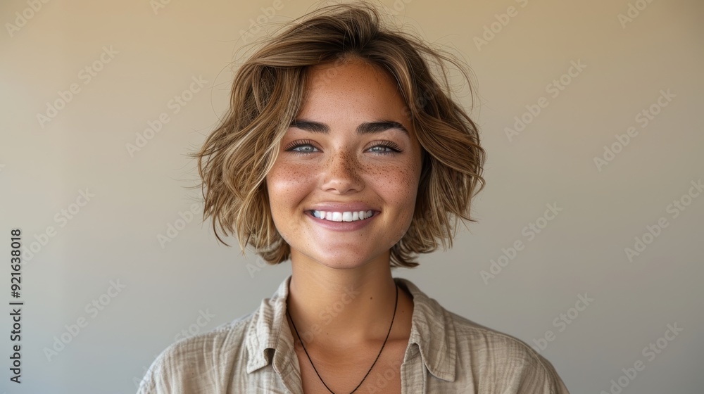 Young woman with wavy hair smiling warmly against a neutral background in a casual shirt Young woman with wavy hair smiling warmly against a neutral background in a casual shirt