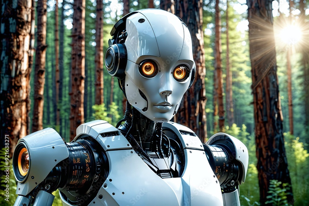 Fototapeta premium A robot is standing in a forest with its arms outstretched