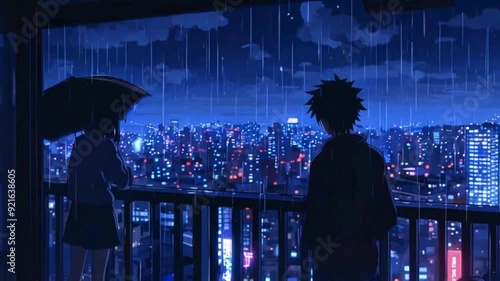 Sad lofi boy view the raining in night