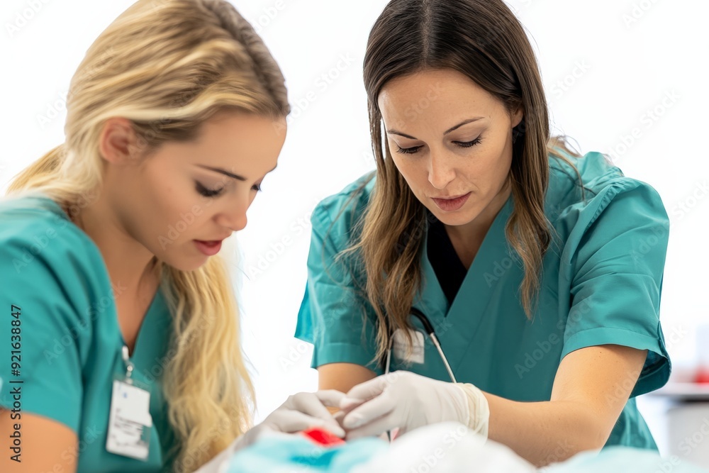 Two female nurses in green scrubs working together in a clinical setting, focused on a medical procedure. Two female nurses in green scrubs working together in a clinical setting, focused on a medical procedure.
