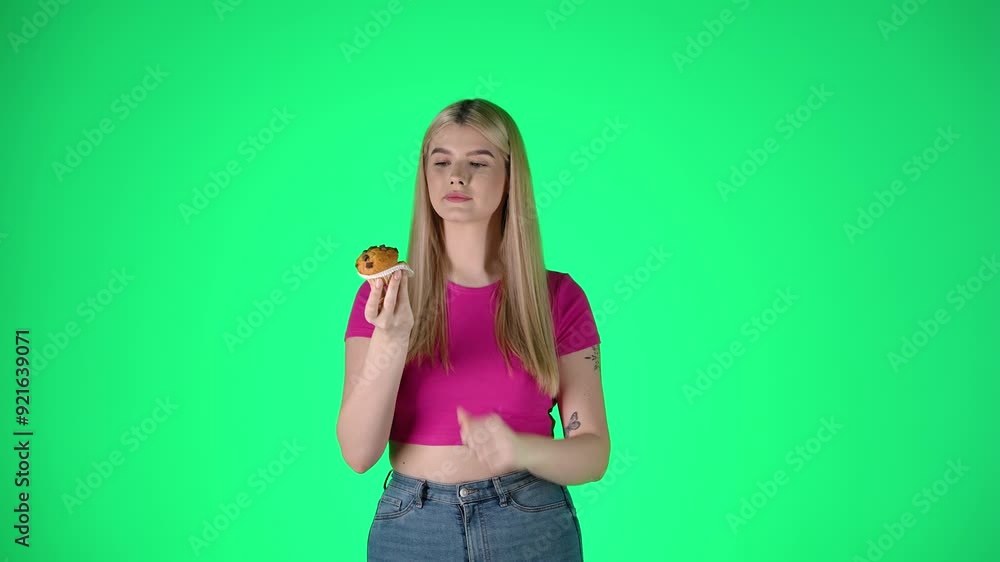 Portrait Of Young Pretty Woman Unwraps and Eating Muffin Pastry Against Green Background, Studio Shot Portrait Of Young Pretty Woman Unwraps and Eating Muffin Pastry Against Green Background, Studio Shot