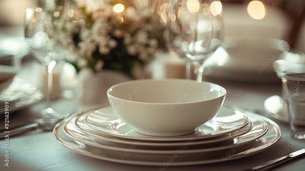 Elegant dining table set with white dishes and floral decor Elegant dining table set with white dishes and floral decor