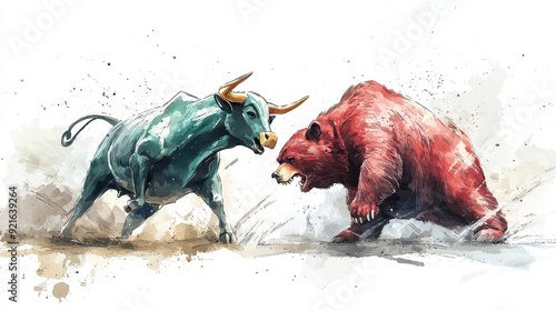 Green bull charging, red bear clashing, intense stock market battle, dynamic movement, Watercolor style