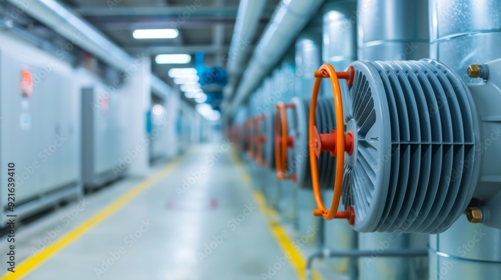 Fototapeta premium Industrial piping in a facility with valves and machinery, showcasing modern engineering and efficient workflow.