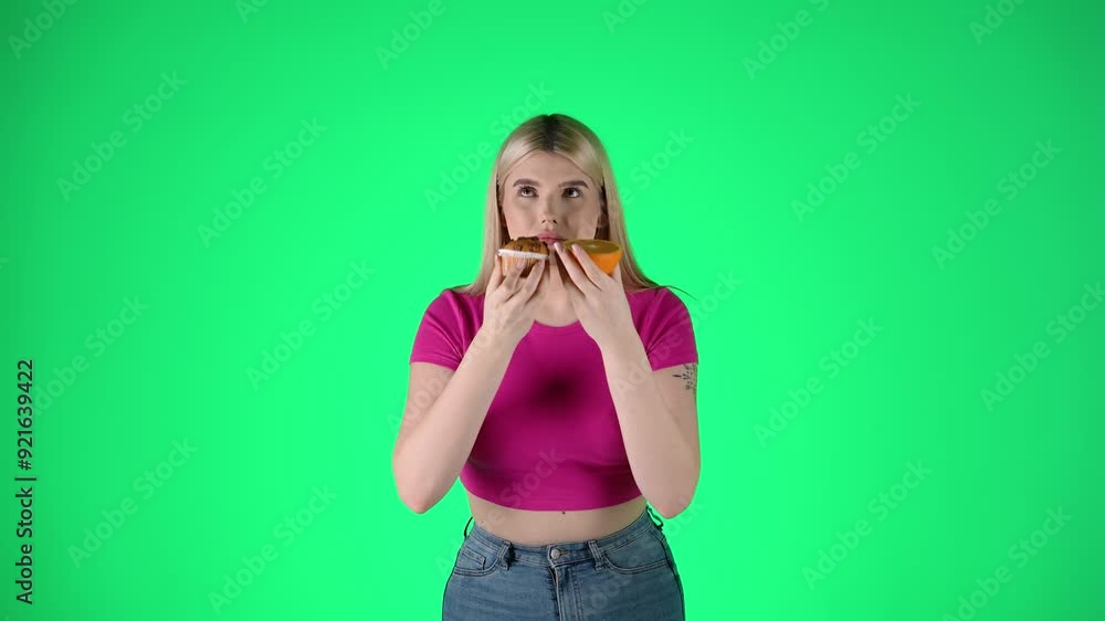 Greedy Young Blonde Woman Holding and Smelling Muffin and Orange Slice, Healthy and Unhealthy Food, Green Background Studio Shot Greedy Young Blonde Woman Holding and Smelling Muffin and Orange Slice, Healthy and Unhealthy Food, Green Background Studio Shot