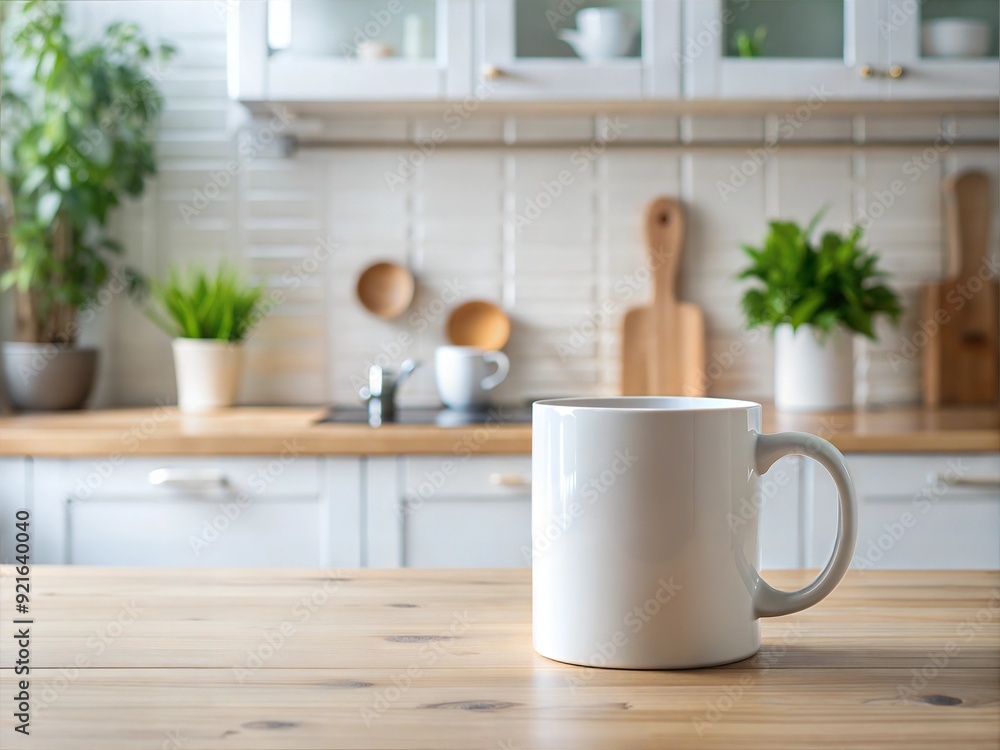 Obraz premium Blank mock up white ceramic mug cup coffee shop barista kitchen props indoor lighting