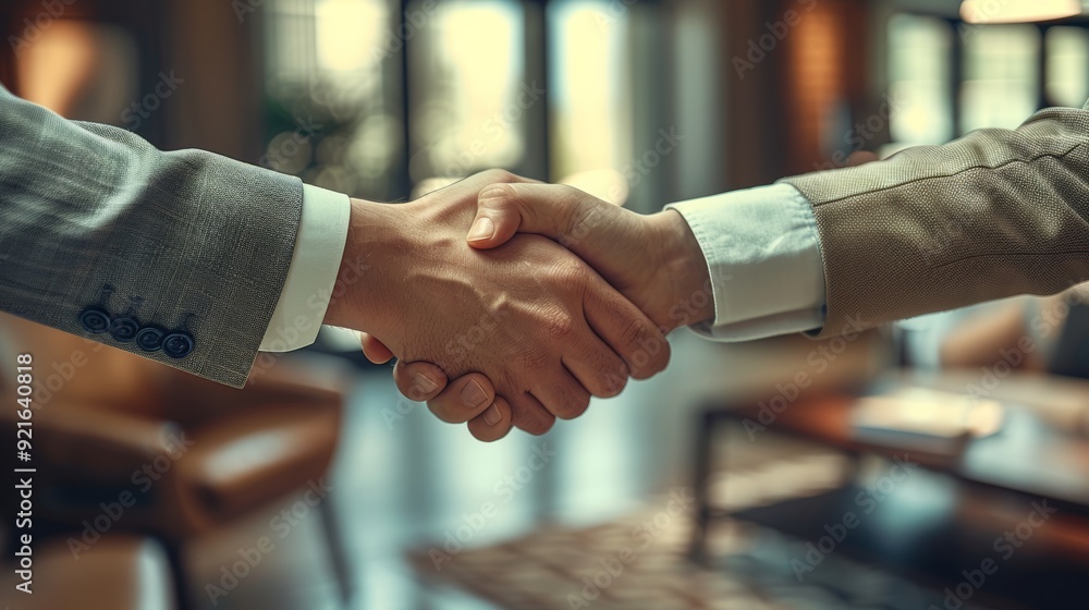 Professional handshake between two individuals in a modern office setting during the day Professional handshake between two individuals in a modern office setting during the day