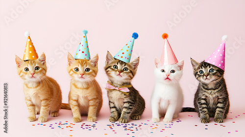 A group of kitty kitten cat sitting in a row with party cone hat and confetti scattered on pastel pink background. 