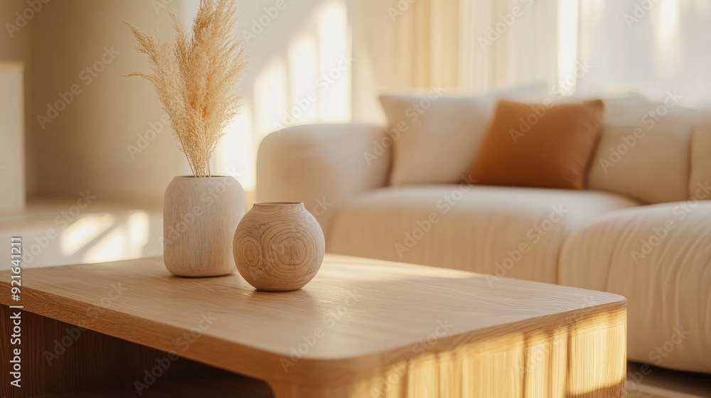 Wooden Vases on a Coffee Table in a Modern Living Room Wooden Vases on a Coffee Table in a Modern Living Room
