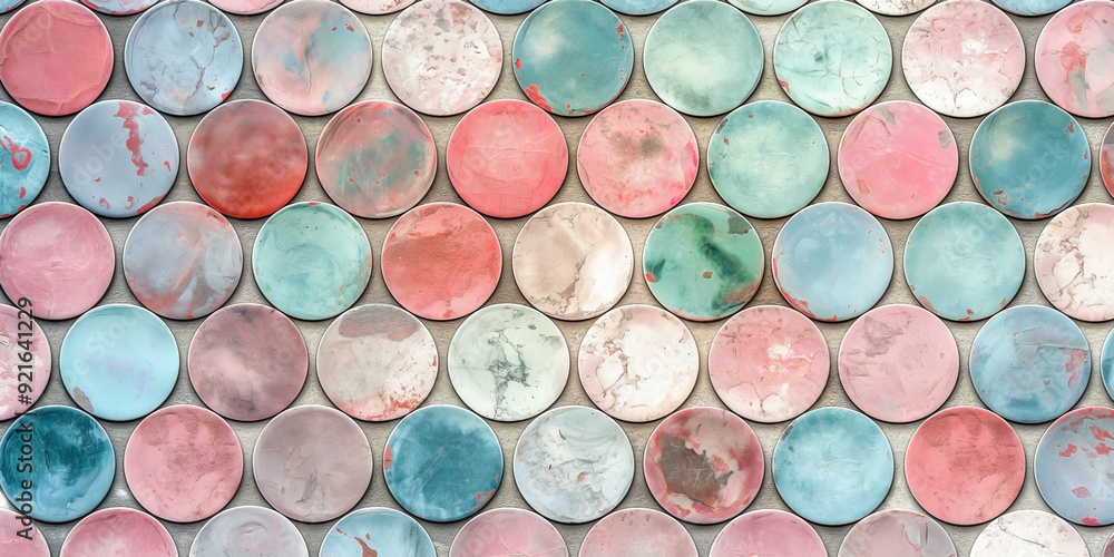 a seamless pattern of a white and colorful abstract grunge circular mosaic tile mirror wall texture. a seamless pattern of a white and colorful abstract grunge circular mosaic tile mirror wall texture.
