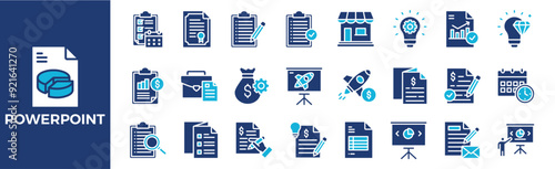 Powerpoint icon collection set. Containing design, technology, banner, abstract, template, marketing, business and more. Solid vector icons collection.	