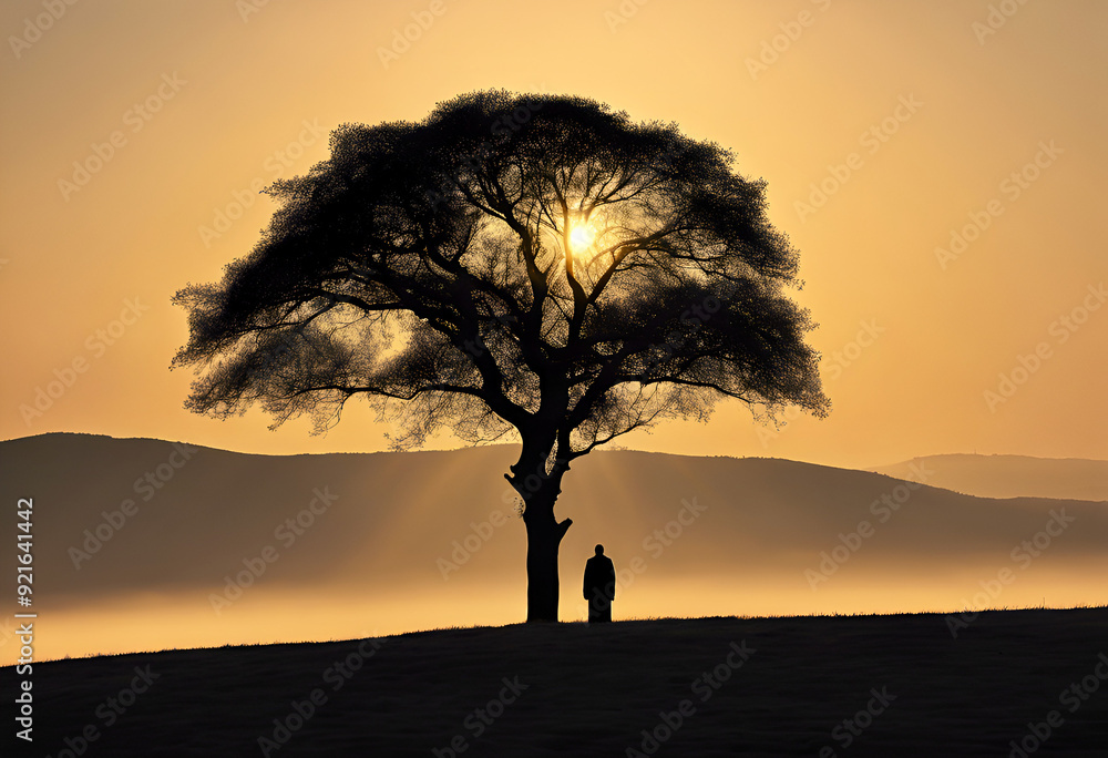 Silhouette of a man and a tree at sunset