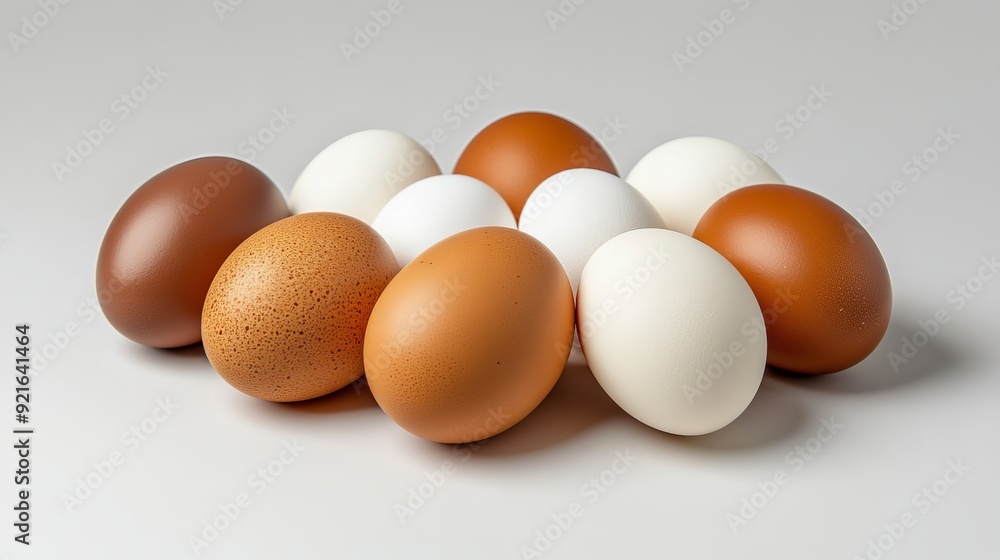 A set of dark and light brown chicken eggs arranged on a white background. A set of dark and light brown chicken eggs arranged on a white background.
