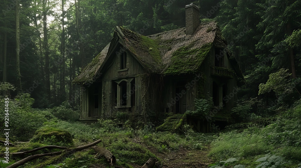An abandoned forest house, partially obscured by overgrown vegetation and encroaching trees. An abandoned forest house, partially obscured by overgrown vegetation and encroaching trees.