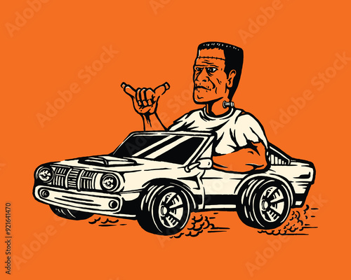 Vintage Frankenstein Hot Rod Car Halloween Illustration Perfect for Retro Style Designs and Merchandise