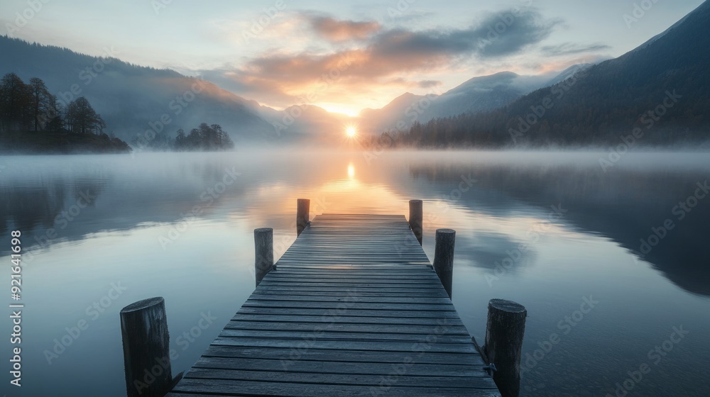 Misty Lake Sunrise with a Wooden Dock Misty Lake Sunrise with a Wooden Dock