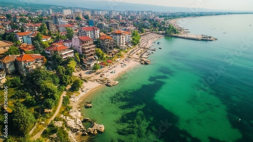 An aerial view of Primorsko, Bulgaria, showcasing the picturesque coastal town from above. photo