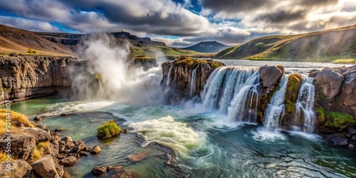 Secluded waterfall in volcanic landscape with steam rising from geothermal waters below, volcanic, waterfall