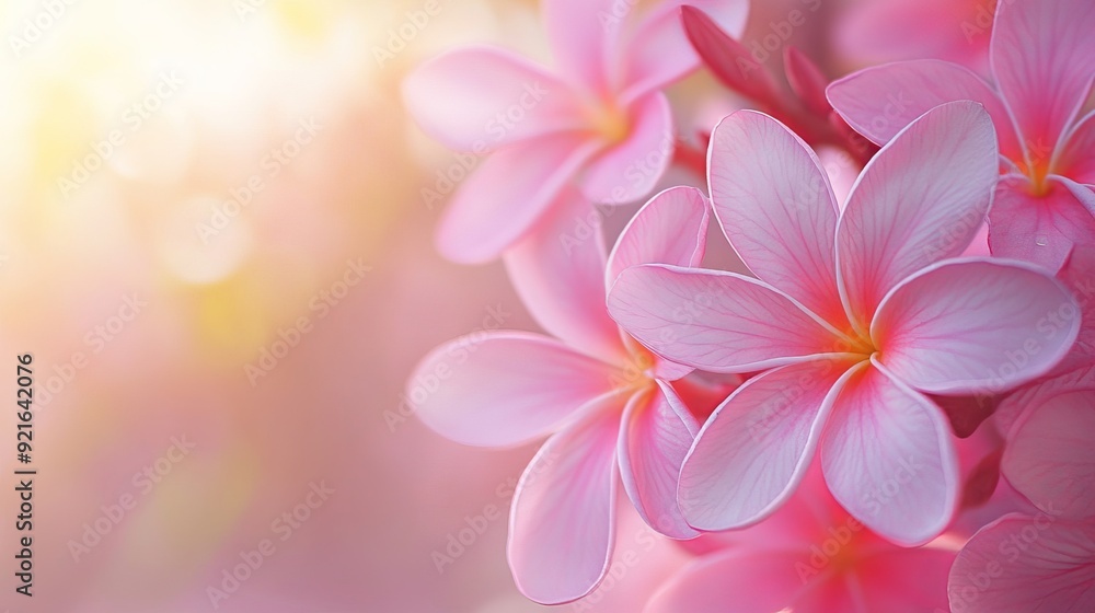 Fototapeta premium Blossoming pink Frangipani flowers against a bright, colorful spring background.