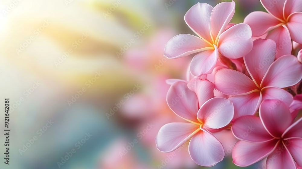 Blossoming pink Frangipani flowers against a bright, colorful spring background. Blossoming pink Frangipani flowers against a bright, colorful spring background.