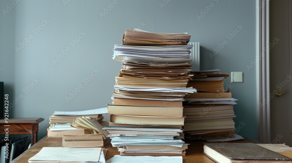A stack of folders, documents and papers on an office desk. A stack of folders, documents and papers on an office desk.