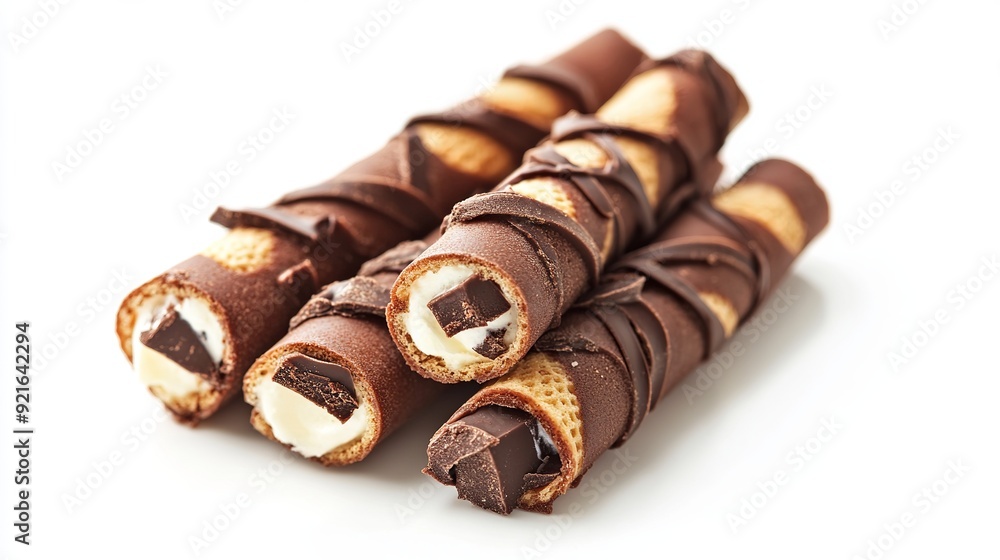 Chocolate wafer rolls filled with creamy cocoa, arranged and isolated on a white background. Chocolate wafer rolls filled with creamy cocoa, arranged and isolated on a white background.
