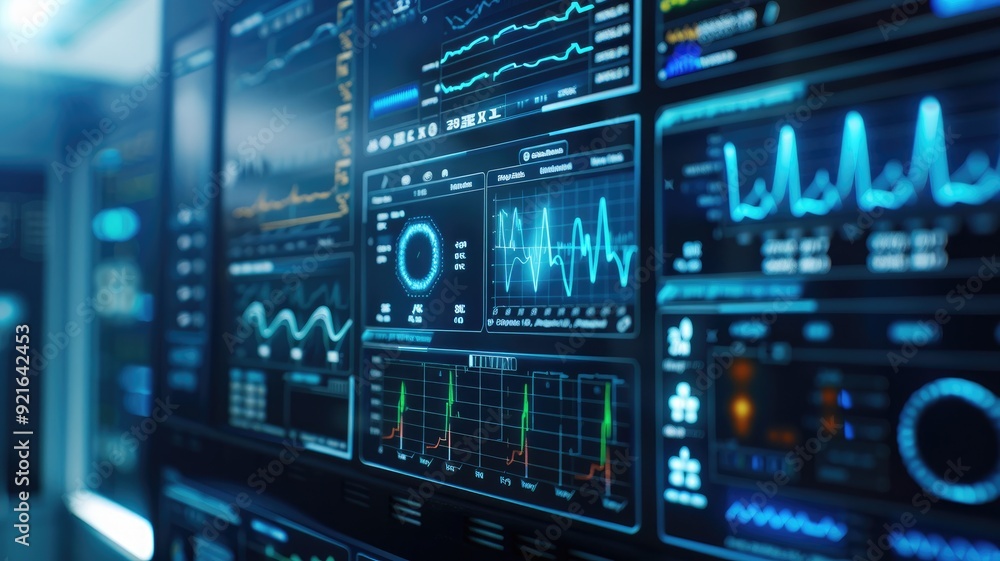 Digital screens displaying various data analytics in modern interface Digital screens displaying various data analytics in modern interface