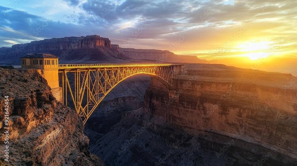 Naklejka premium Glowing Golden Bridge of Strength and Connection over Majestic Canyon at Sunset