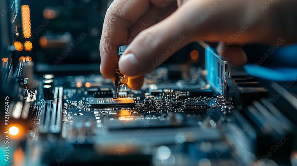 A close-up of a technician's hand assembling a personal computer. A close-up of a technician's hand assembling a personal computer.