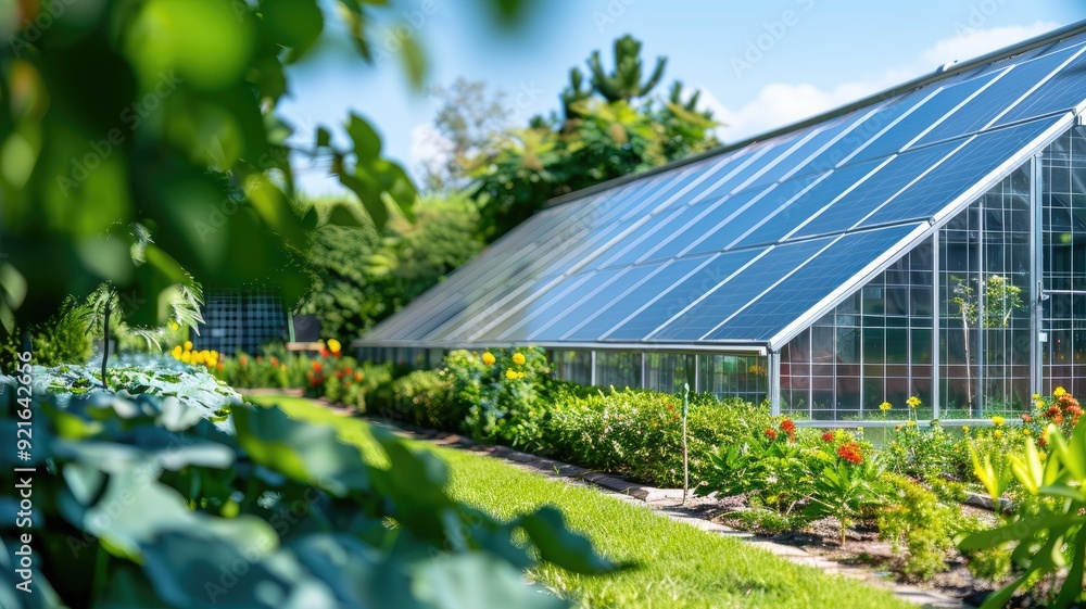 Sunlit greenhouse surrounded by vibrant plants and trees