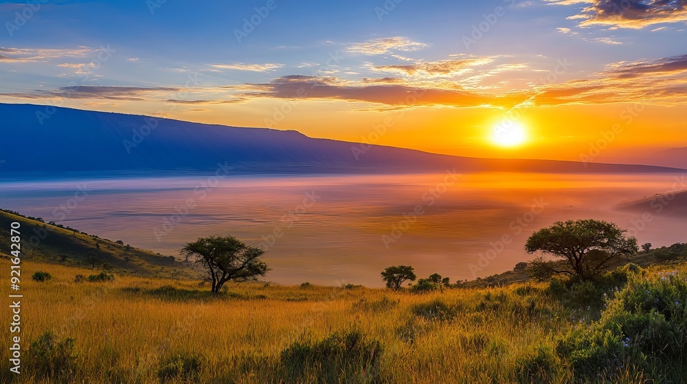 Obraz premium Dawn at the Ngorongoro Crater in Tanzania, Africa, showcasing the serene beauty of the early morning light over this stunning geological formation.