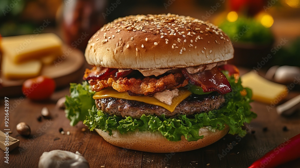 A delicious organic burger featuring a juicy patty topped with mushrooms, fried cheese, crisp lettuce, savory bacon, and creamy avocado. A delicious organic burger featuring a juicy patty topped with mushrooms, fried cheese, crisp lettuce, savory bacon, and creamy avocado.