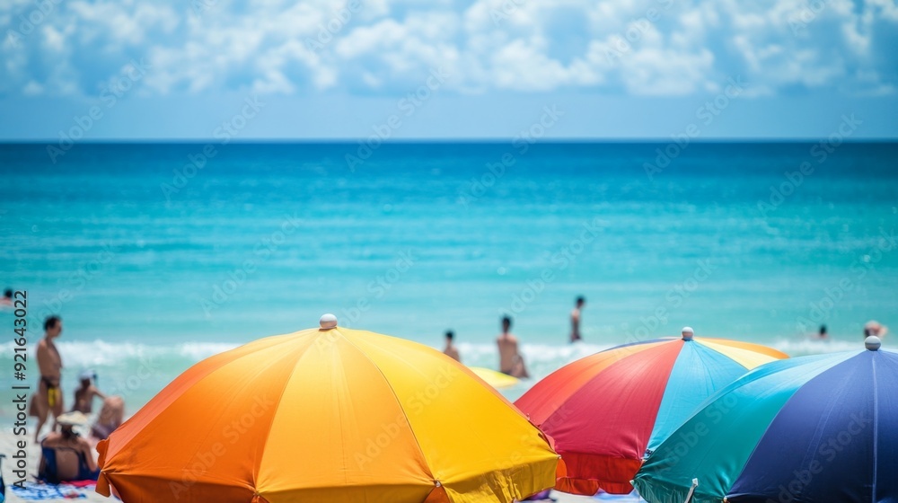 Idyllic Summer Beach Scene with Colorful Umbrellas, Refreshing Drinks, and Relaxing Vacation Vibes Idyllic Summer Beach Scene with Colorful Umbrellas, Refreshing Drinks, and Relaxing Vacation Vibes