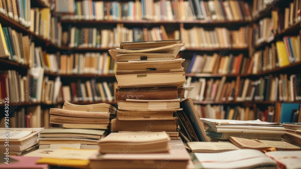 A stack of books and documents on a table in a library. A stack of books and documents on a table in a library.