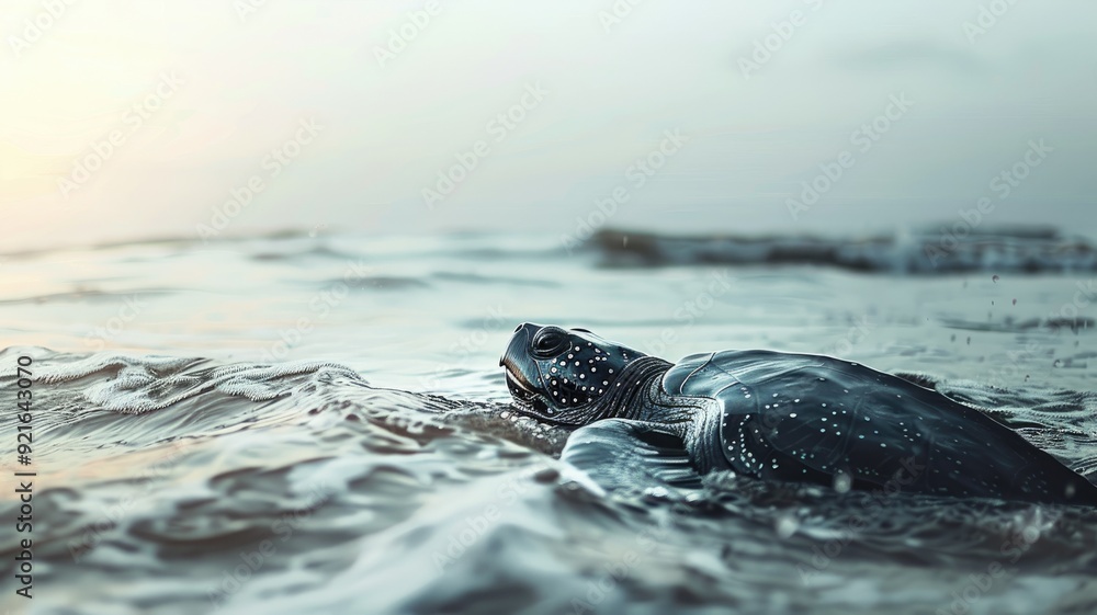 Obraz premium Sea turtle swims in ocean waves under soft sunlight