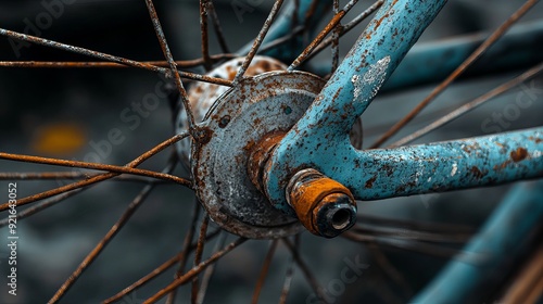 Details of an old-style bicycle wheel, featuring classic design elements such as a spoked rim, metal hub, and vintage-style tire.